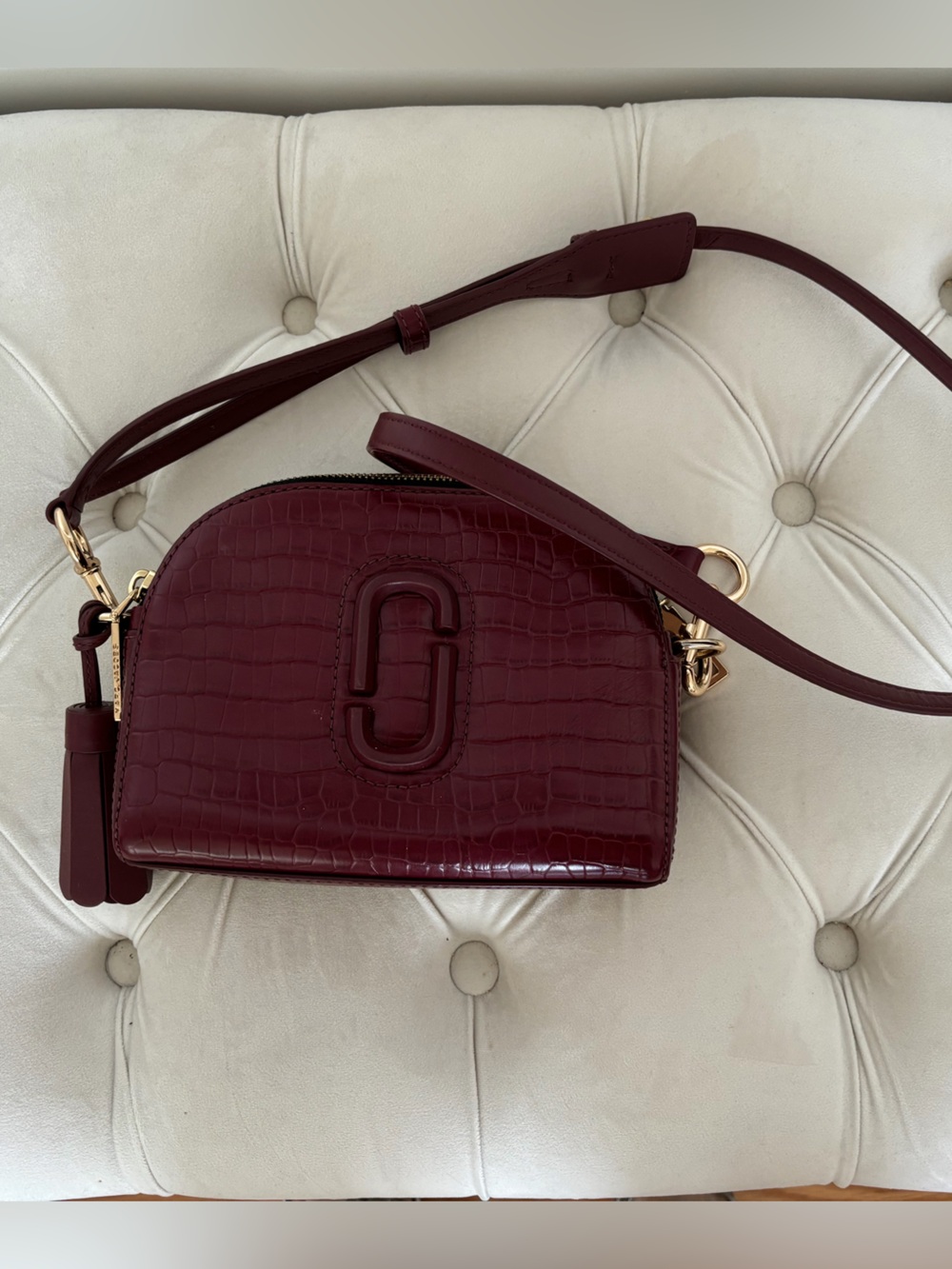 Marc Jacobs Embossed Croc Double J Crossbody in Burgundy